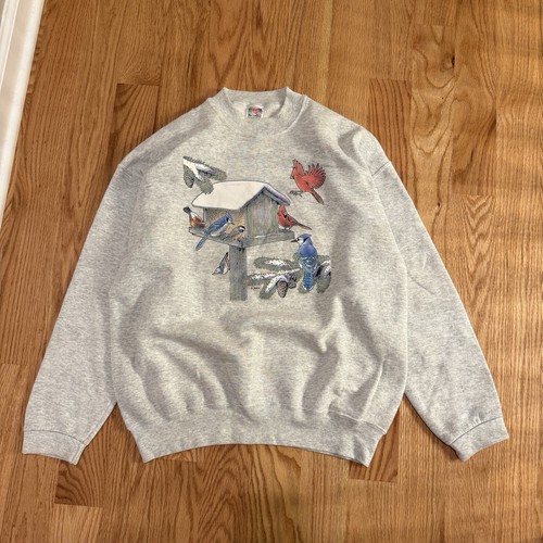 Vintage 90's Blue Jay Cardinal Bird House Grey Pullover Sweater