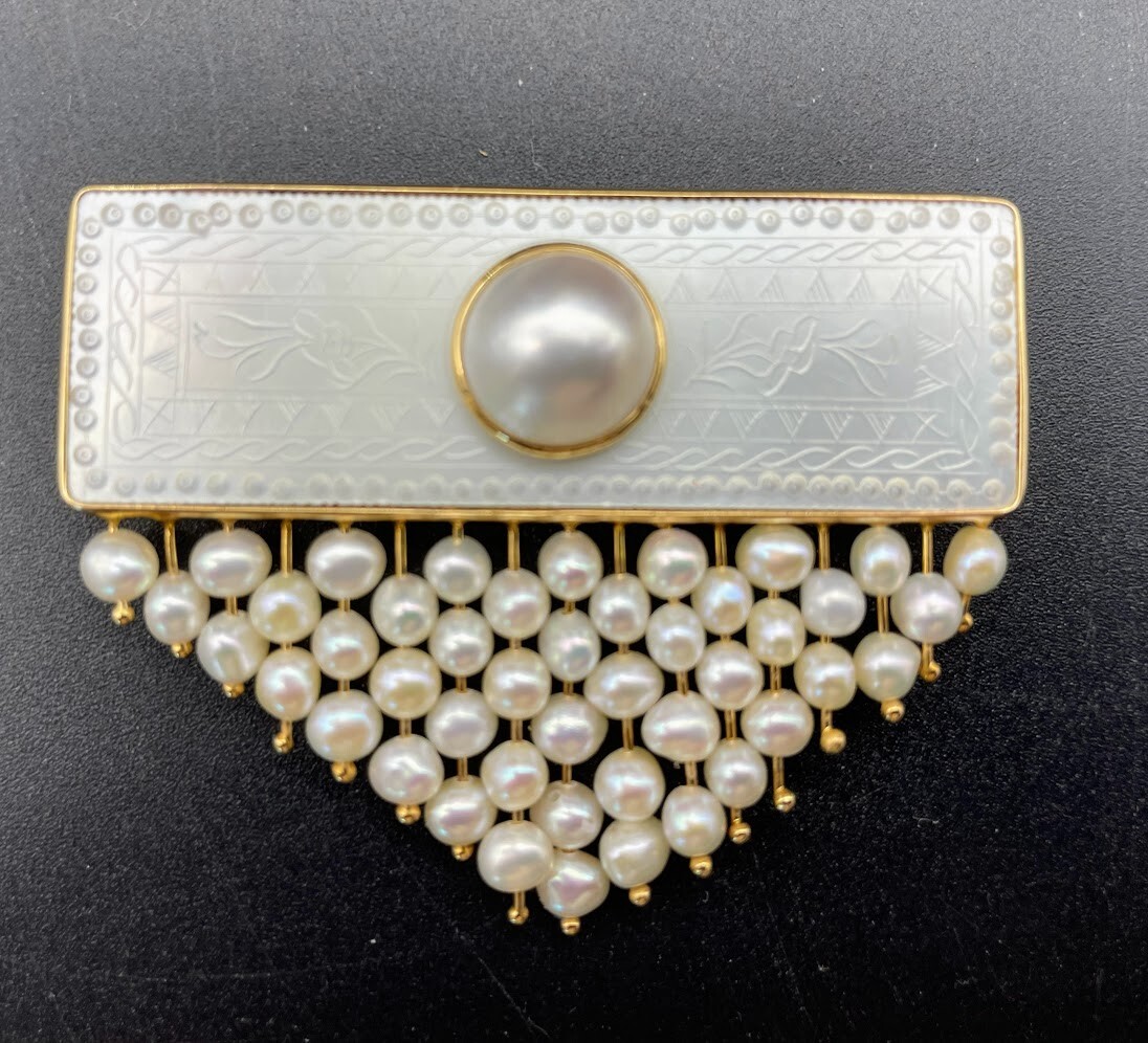 Donna Chambers Chinese Gambling Chip and Pearl Brooch, 14K eBay