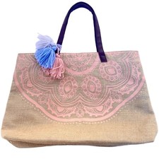 NEW Jute Beach Pool Bag Peach Coral Mandala Design Shopping Tote Tassels 15x23