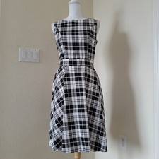Bery Love Black White Plaid Tie Waist Fit & Flare Sleeveless Stretch Dress Sz L