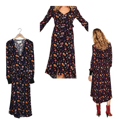 Bash Malny Kleid Midi Floral Fit Flare Mehrfarbig V-Ausschnitt Langarm Größe 3 L