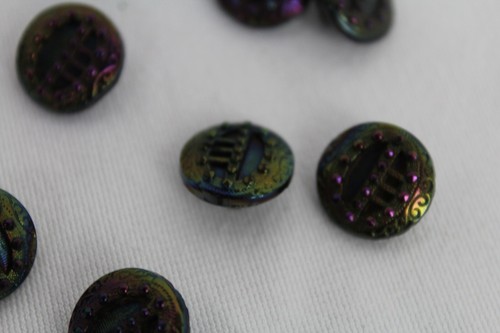 12 Small Antique Black Glass Button with Luster Hammered Texture Faux Cut Steels - Picture 2 of 5