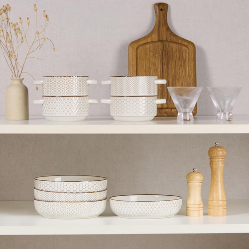 Pasta Bowls, Ceramic, Embossed Serving Bowls for Stews and Salads, Large Capacit - Picture 4 of 7