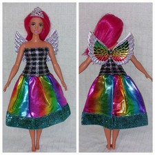 Barbie Curvy Kleid Regenbogen Silber Engel Prinzessin Kostüm Puppen Kleidung K35
