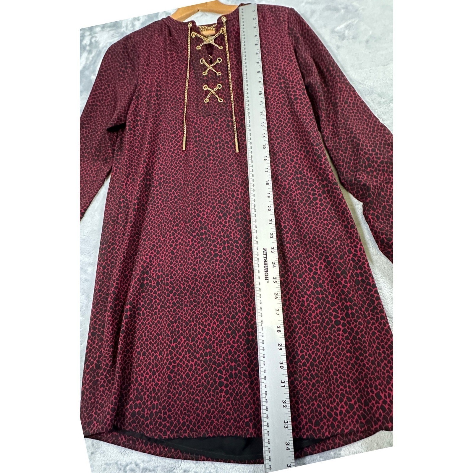NWT MICHAEL KORS Women's Burgundy S Animal Print Lace Up Chain Dress thumbnail 10