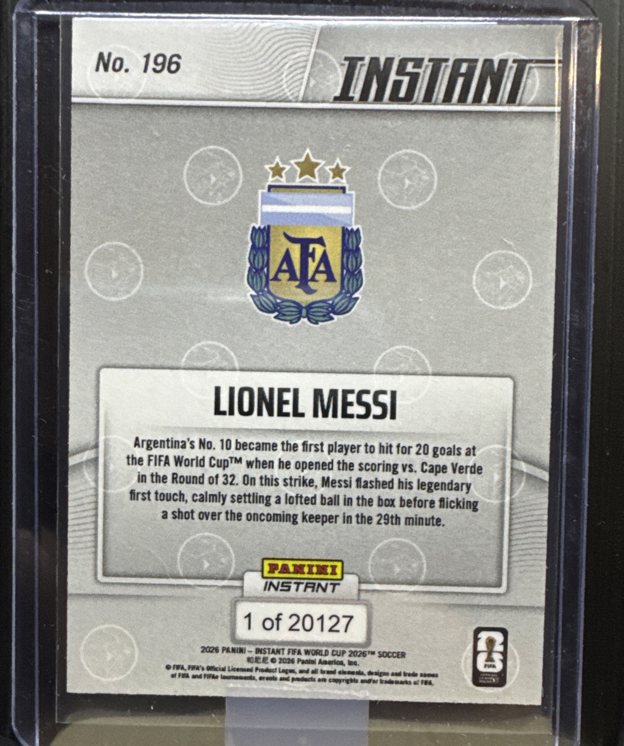 Lionel Messi 2026 Panini Instant World Cup #196 1 of 20127 1st to 20 WC Goals view 2