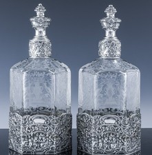 EXCELLENT PAIR ANTIQUE GERMAN 800 SILVER & ETCHED GLASS WHISKEY SCOTCH DECANTERS