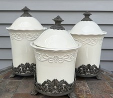 Set of 3 CHRIS MADDEN Ivory  Stoneware Canisters  Metal Stand EUC JC Penney