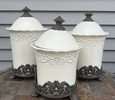 Set of 3 CHRIS MADDEN Ivory Stoneware Canisters Metal Stand EUC JC