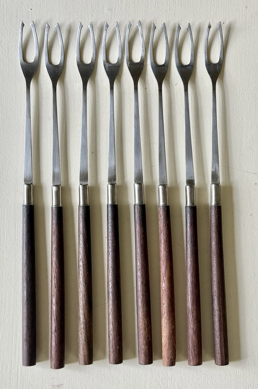 Vintage Mid Century Modern Long 11” Teak & Stainless Fondue Forks-Set Of 8-Japan