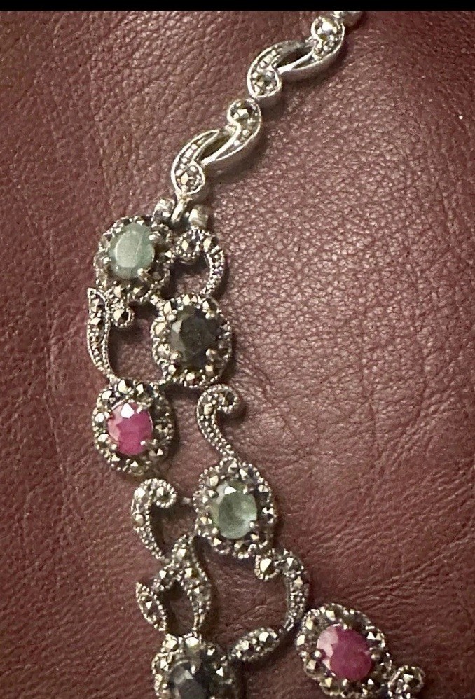 Necklace Sterling Silver, Ruby, Emerald, Sapphire… - image 6