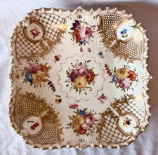 Antique English Porcelain Floral Square Dish Scalloped Gold Gilt Trellis 24cm