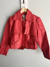 1990s Vtg Speigel Leather Crop Jacket Size 12 red coral ruffle trim