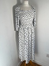 Oliver Bonas midi dress UK 8 VGC A line pattern dotty print white navy smocked