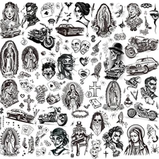 12 Sheets Large Chicano Temporary Tattoos, Cholo and Chola Temporary Tattoos, Ch