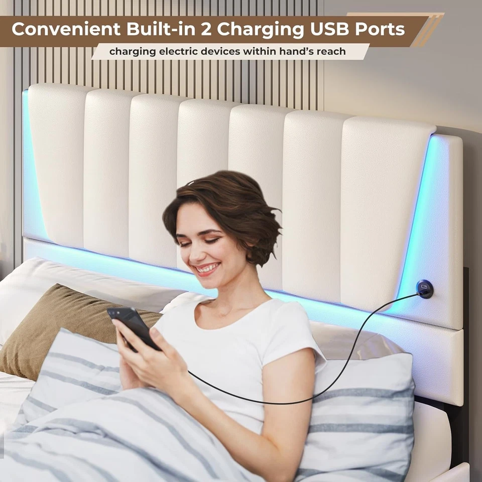 Queen Bed Frame with Headboard and 4 Drawers, White Platform Bed with Led Light - Image 4 of 4