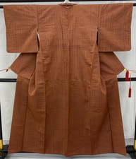 Japanese Vintage Kimono Silk Brown Tumugi Traditional Authentic Length 61in