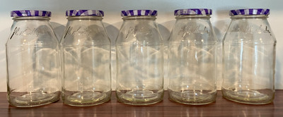5 EMPTY Glass Jam Jelly Jars, Smuckers Clear Container Gingham Lids Storage LOT