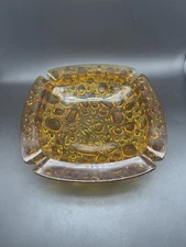 Vintage Mid Century Modern 8”Square Libbey Amber Glass Ashtray Pebble Bubble
