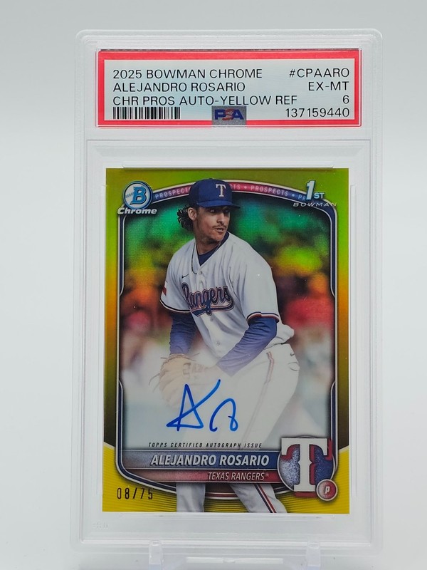 ALEJANDRO ROSARIO 2025 BOWMAN CHROME 1ST AUTO YELLOW REFRACTOR /75 PSA 6 Q5997