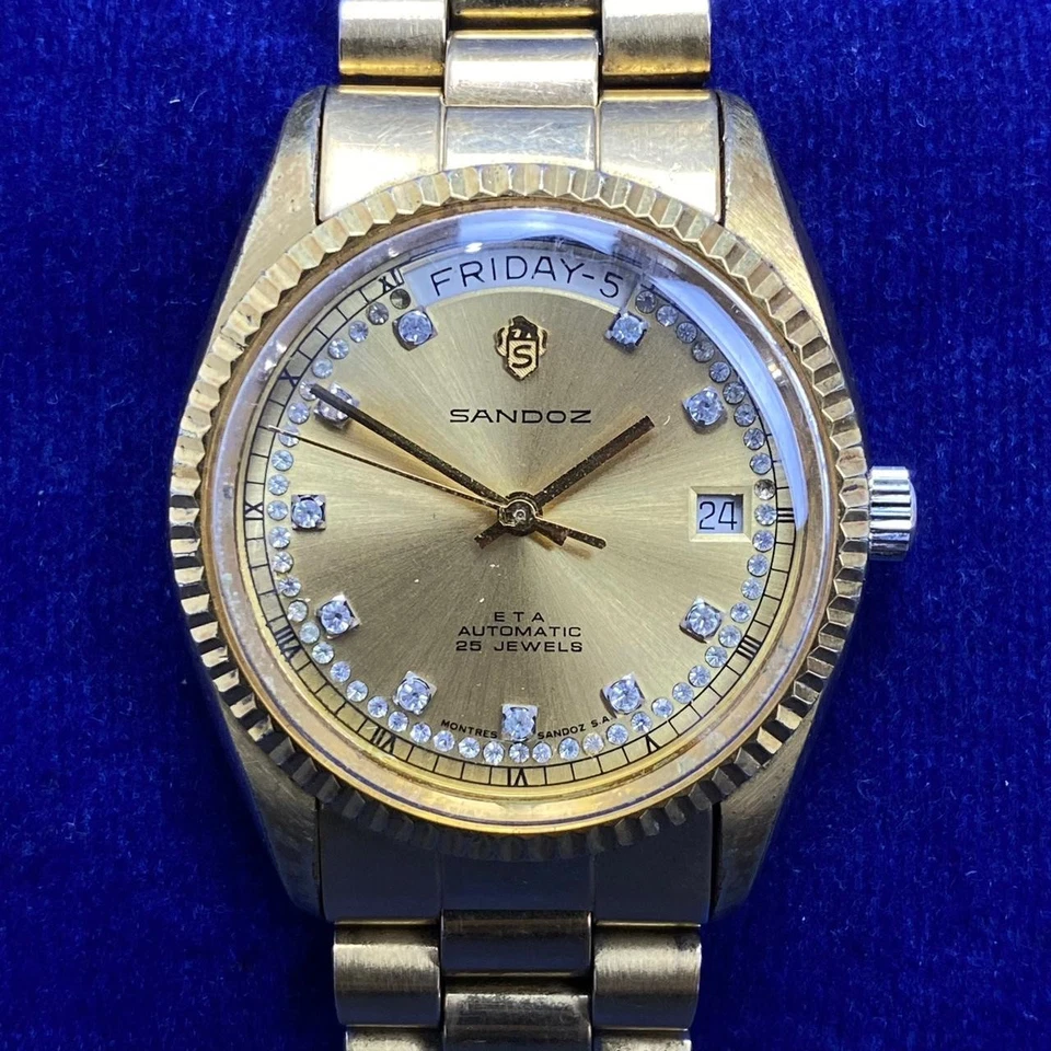 Raro Reloj Sandoz President Automático ETA Esfera Suiza Oro Diamante Día Fecha Hombres Foto 2 de 4