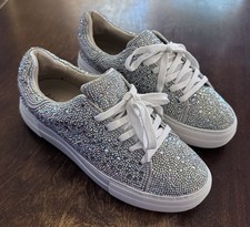 Betsey Johnson SIDNY All Silver Rhinestone PLATFORM Sneakers - WOMEN'S Size 8 US