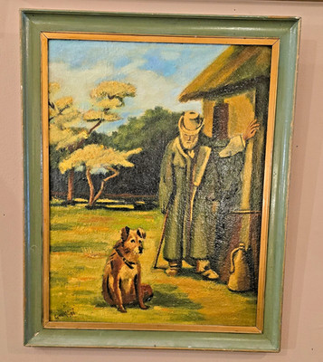 Vintage Öl an Bord eines Herrn mit Hund in pastoraler Umgebung signiert