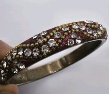 VTG Red Glitter Rhinestone Bangle Bracelets Pair Gold Tone Clear Crystals