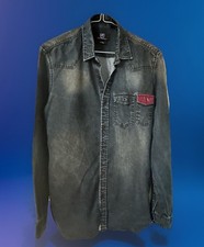 PCE Formal Clothing Co Designer Stonewashed Denim/Leather Trim Slim Fit Shirt M