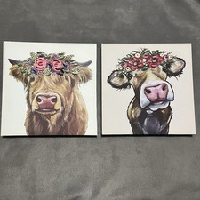 Set/2 Country Farmhouse Canvas Prints Rustic Decor Cow Pink Flowers
