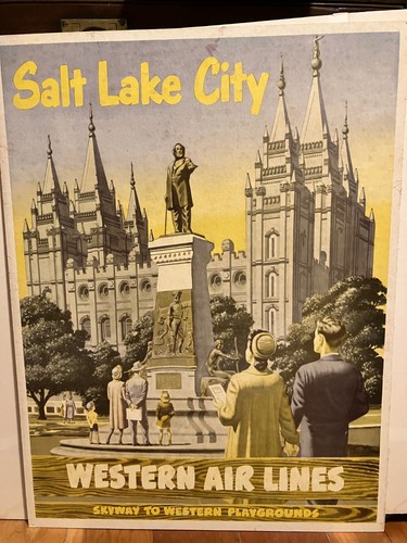 Vintage Western Airlines Poster Salt Lake City circa 1955