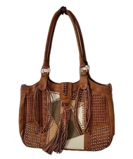 Large Brown Leather Shoulder Handbag with Fringe (18in width / 12in lenght)