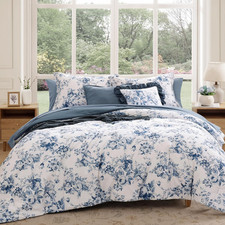 Queen Comforter Set -7 Pieces Floral Blue Comforter Set for All Seasons, Bed in