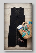 Black Crochet Long Vest Suede Beaded Tie Boho Cottagecore L Vintage