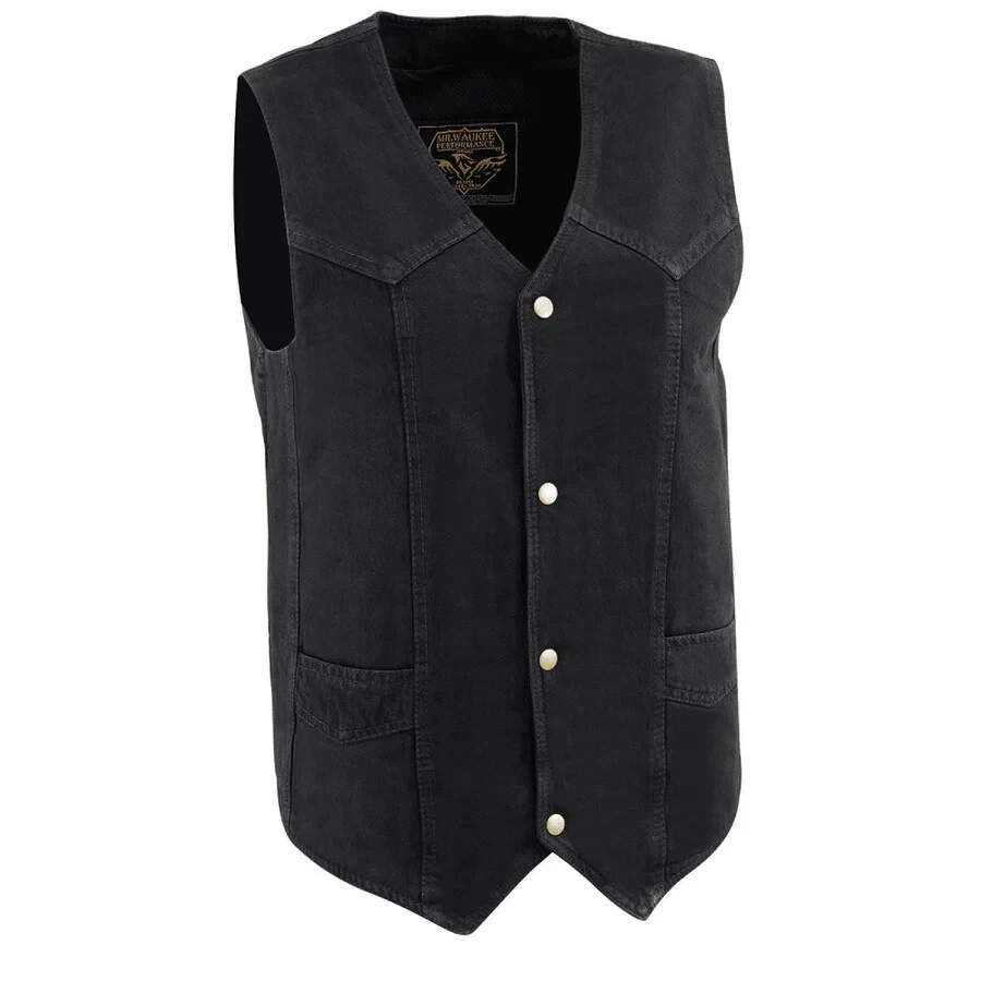 MEN'S MILWAUKEE BIKER DENIM VEST JACKET NO COLLAR V-NECK BLACK.