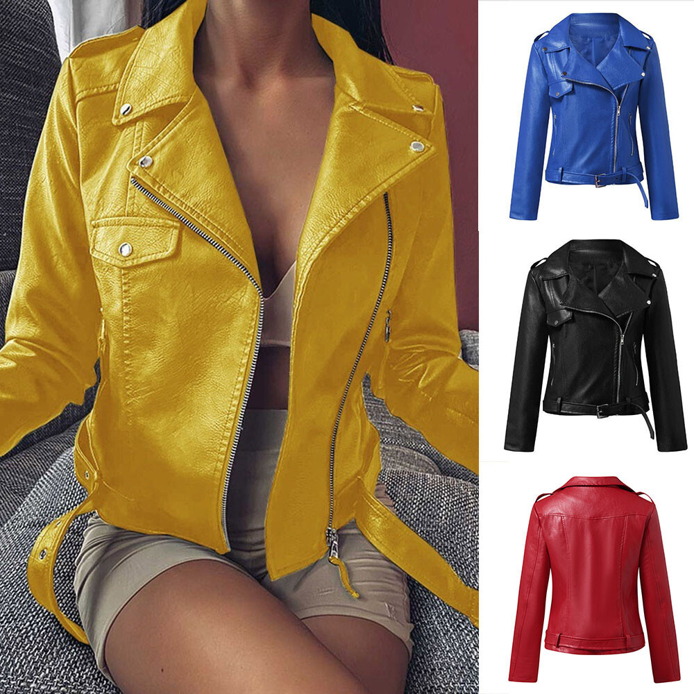 Ladies Faux PU Leather Zip Formal Coat Women's Biker Jacket Slim