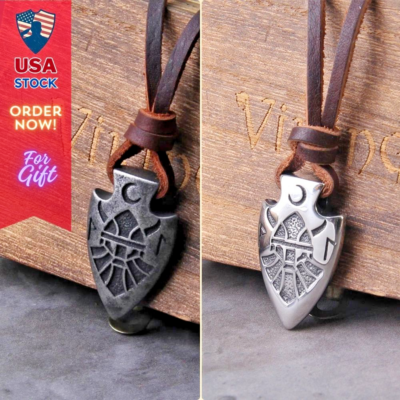 Spear Pendant Necklace Arrowhead Viking Unisex Cow Leather Chain