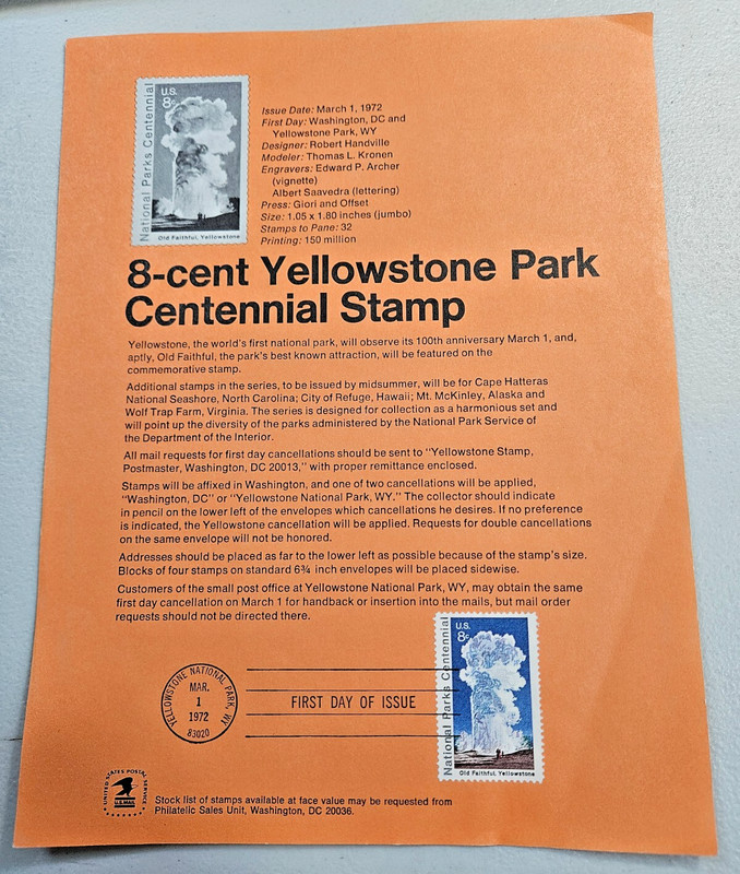 US USPS Souvenir Page, Sc1453, SP305, 8c Yellowstone Park, CV$80.00 (604045)