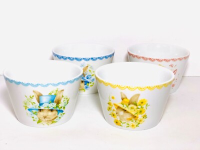 222 Fifth Botanical Bunny Party Set of 4 Easter Rabbit Bowls Bunnies in Bonnets