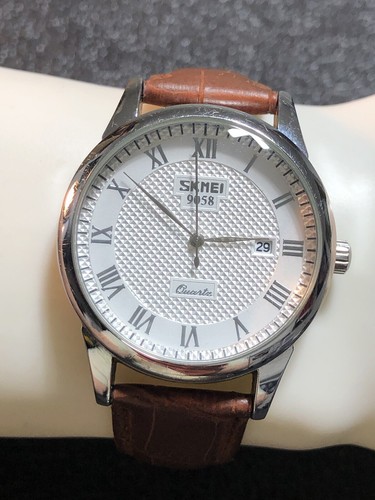 SKMEI 9058 Men’s Watch Silver Tone W/Date Brown Leather Band Roman Numerals - Picture 19 of 23
