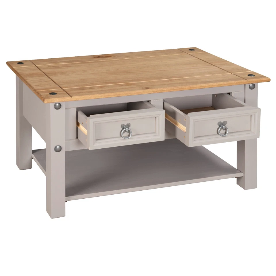 Corona Coffee Table Grey Wax 2 Drawers Solid Mexican Pine Wood Living Room - Image 3 of 4