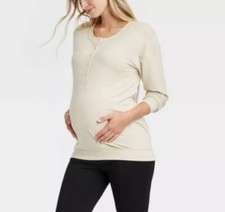 Women s Isabel Maternity French Terry Cozy Henley Sweatshirt Beige XL Retail 25
