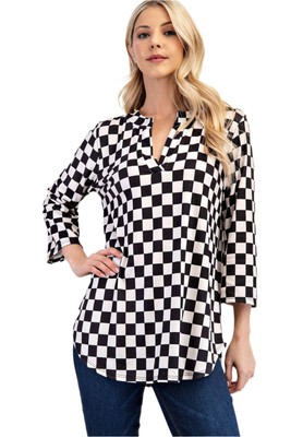 Celeste Curved Hem Checkered Notched Blouse