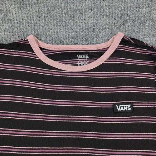 Vans Shirt Women's Large Black Pink Striped Off The Wall Crew Neck Short Sleeve - Picture 2 of 14
