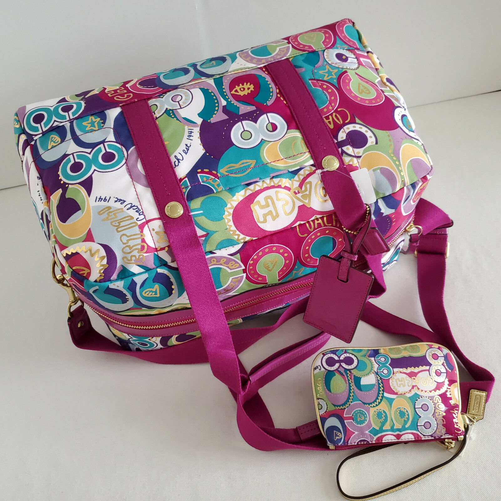 💐Coach XL Travel Satchel Pop C Applique Multicolor Crossbody Bag+Clutch  NWT*HTF