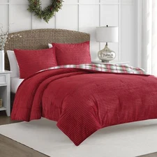 MARTHA STEWART King Comforter Set in Red, Reversible, Cute, Wide Corduroy Pla...