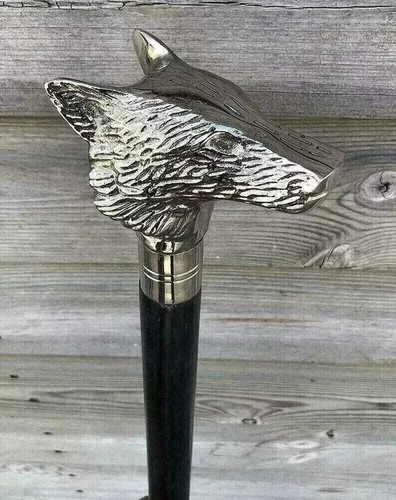 Designer Vintage Chrome Wolf Head Handle With Wooden Stick Cane Gift For Man