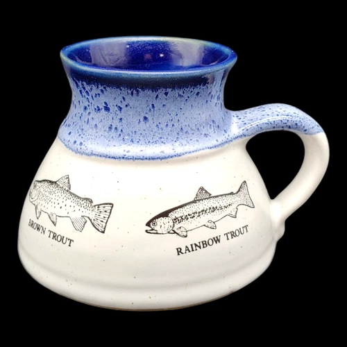 Wide Bottom No Spill Fishing Coffee Mug - 12oz vtg 1980s Blue White Trout Fish