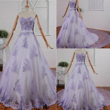 Purple A-Line Wedding Dresses Strapless Lace Appliques Sweep Train Bridal Gowns