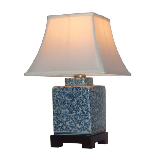 Lampe de table orientale porcelaine carrée bleu floral thé caddy lumière chinoise 42 cm - Photo 1 sur 1